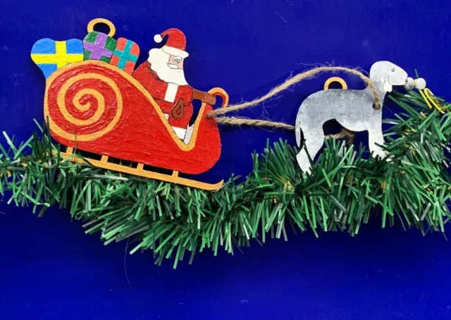 Hanging Christmas Decoration Bedlington Terrier pulling Santa's Sleigh