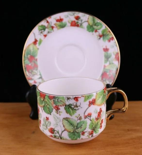 Finsbury Fine Bone China Cup and Saucer Red Strawberry Gold Trim England