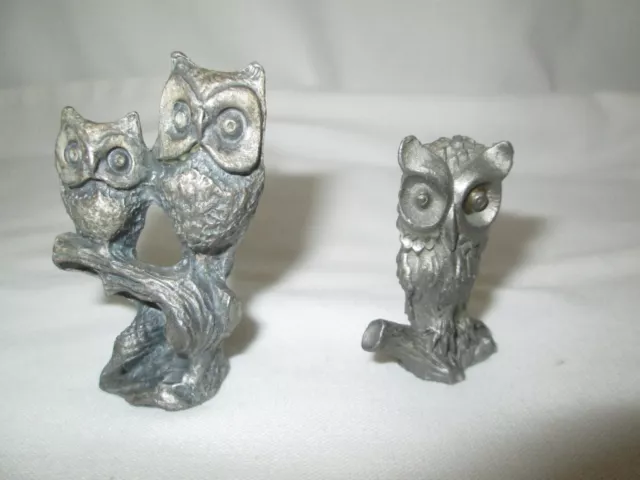 Lot of 2  Miniature Pewter Owl Figurines Total of 3 Owls