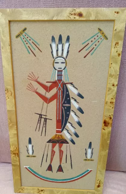 Vintage NAVAJO SAND PAINTING- 16 x 8 By KEENER HEALING PEOPLE--KNOTTYPINE FRAME