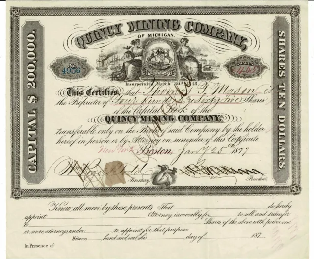 Quincy Mining Company - Boston 1877 - Certificate 465 Shares