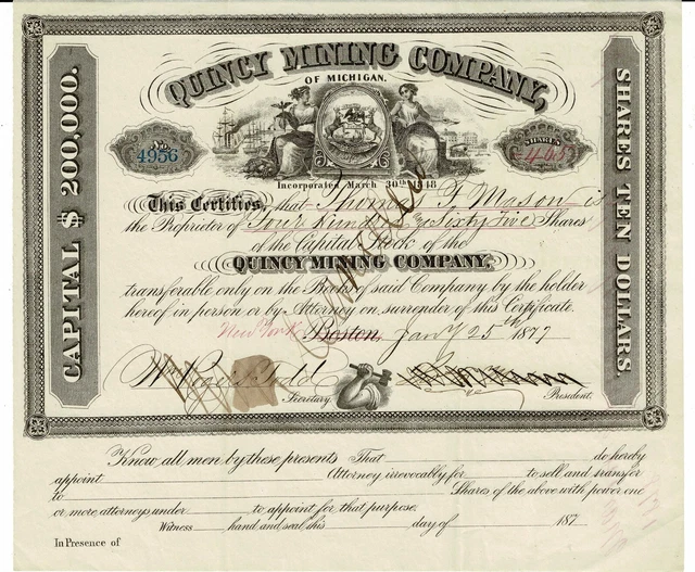 Quincy Mining Company - Boston 1877 - Certificate 465 Shares Quincy Mining Company - Boston 1877 - Certificate 465 Shares
