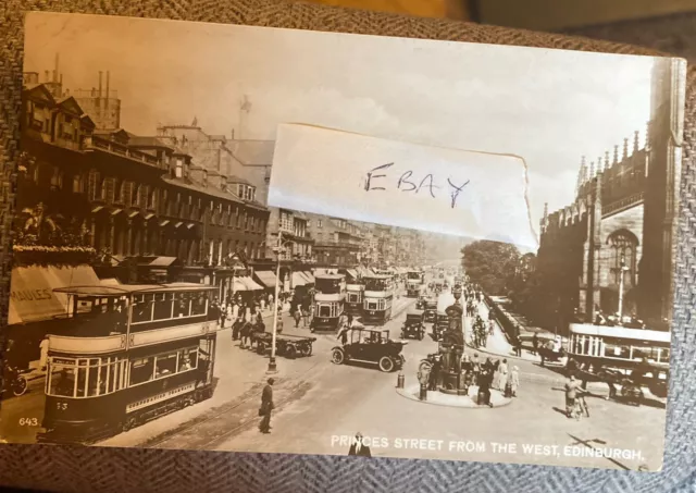 Edinburgh 1928 RP Postcard Trams Cars Shops Princes Street From West