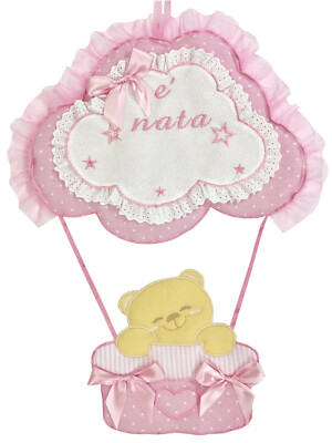 FIOCCO NASCITA/COCCARDA TRENINO ROSA CON AIDA DA RICAMARE 