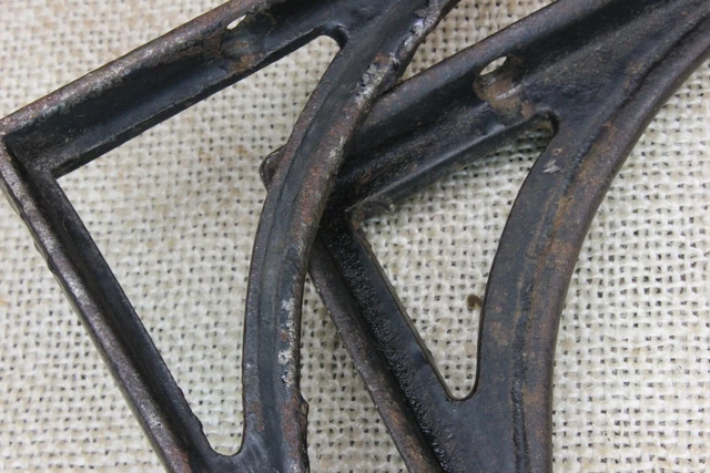 2 Old Shelf Brackets 5 X 6” Weathered Paint Cast Iron Rustic Vintage Supports 7