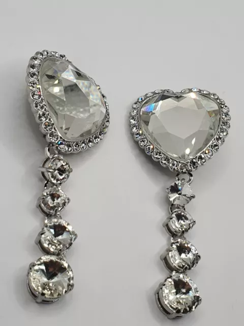 Signed  ALESSANDRA RICH  Large Faceted Crystal Heart Dangling Clip Earrings 8cm