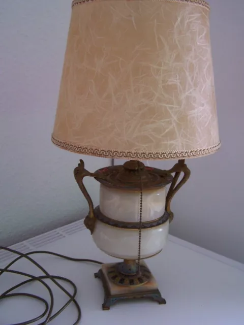 Tischlampe Marmorfuß Messing Email Vintage Antik Pergamentlampenschirm 3,8 Kilo
