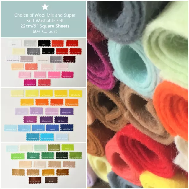 Craft Felt | Wool Mix and Soft Washable | 70+ Colours | 9"/22cm Square Sheets