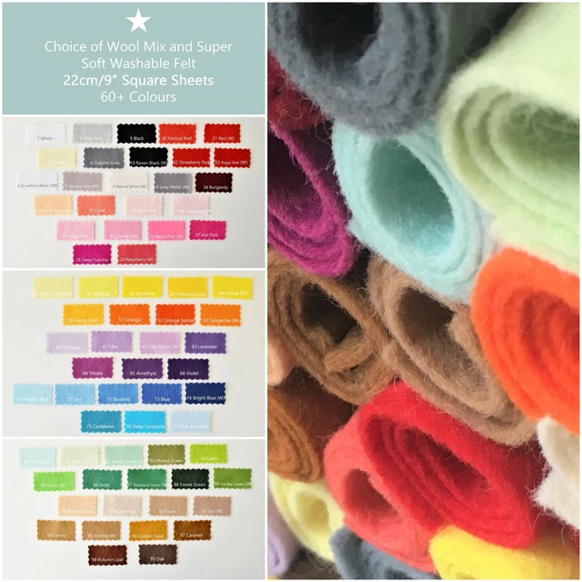CRAFT FELT Wool Mix and Soft Washable 70+ Colours 9"/22cm Square