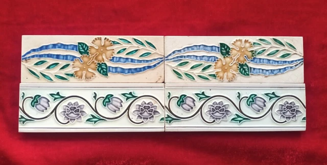 4 Pieces Lot Art Deco Floral Design Embossed Majolica Ceramic Tiles Japan 0325