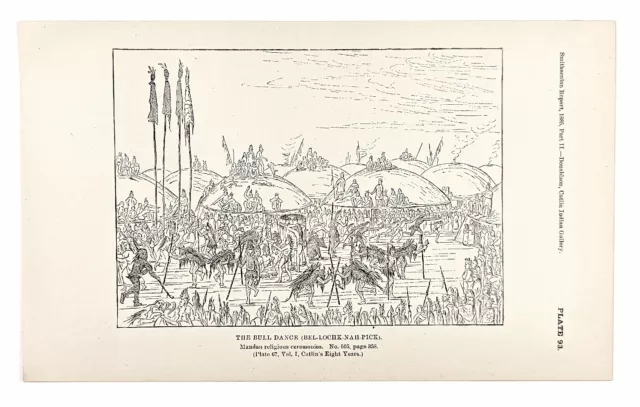 1885 Mandan Bull Dance Religious Ceremony Engraving G. Catlin Native American
