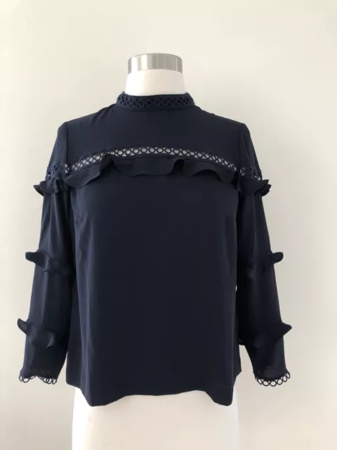 New Jcrew Petite tiered ruffle top with scalloped lace trim Navy Blue 0P H4430