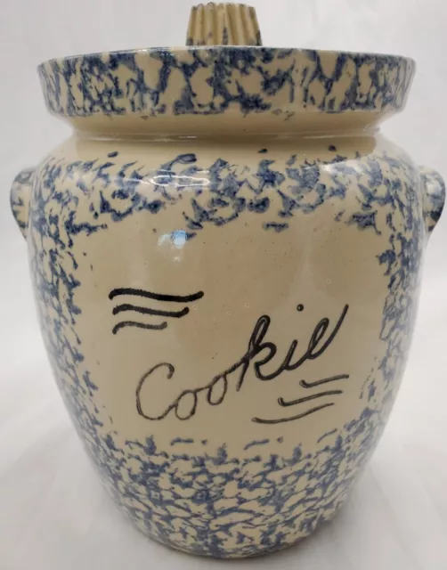 Robison Ransbottom Pottery Cookie Jar Canister Blue Sponge Ware Roseville Ohio