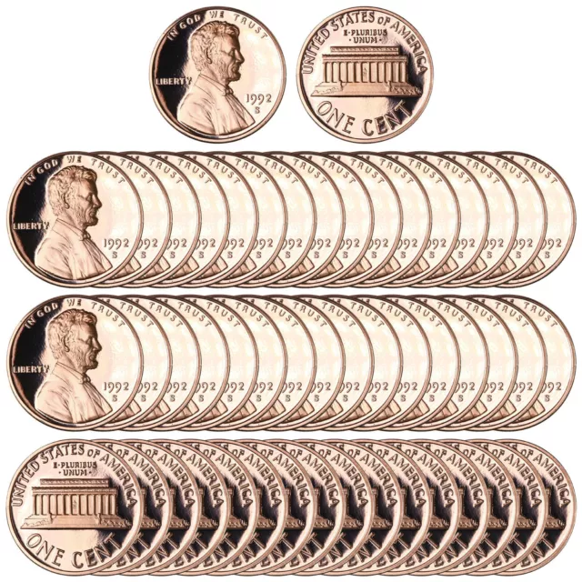 1992 S Lincoln Memorial Cents Gem Deep Cameo Proof Roll Penny 50 US Coins