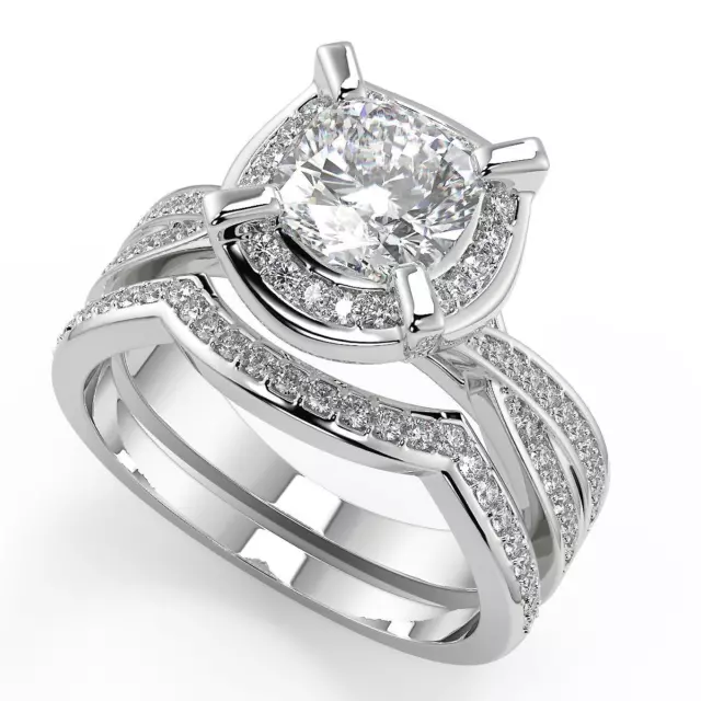 2.15 Ct Cushion Cut Halo Pave 4 Prong Diamond Engagement Ring VS2 G Treated