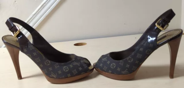 Louis Vuitton Monogram Peep Toe Heels Leather Slingback Brown Size 37.5 (7.5 US)