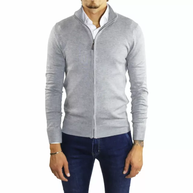 Maglione Cardigan Uomo Lana Zip Collo Alto  Grigio Maglioncino con Cerniera
