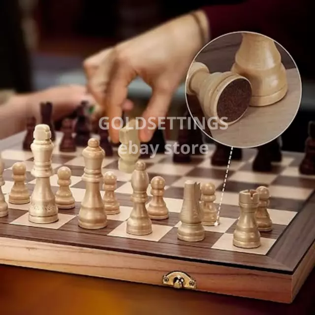 LARGE Vintage Wooden Chess Set Wood Board Hand Carved Crafted Folding Game 14" 2