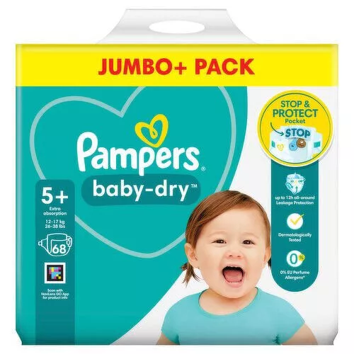 68 x couches Pampers Baby-Dry taille 5+ Jumbo+ avec 3 canaux d'air, jusqu'à...