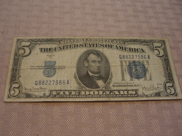 Series 1934 D Five Dollar Bill Silver Certificate