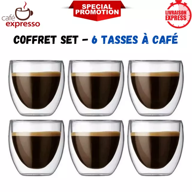 Coffret Set de 6 Tasses à Café en Verre Double Paroi Espresso Original 80ml Neuf