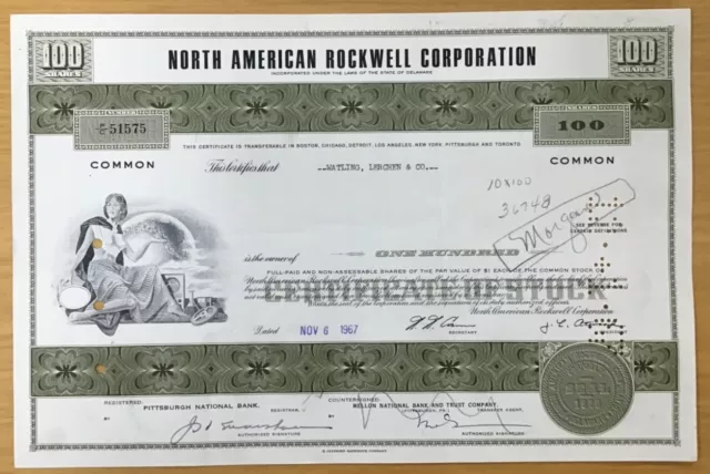 North American Rockwell Corporation Stock Certificate 100 Shares