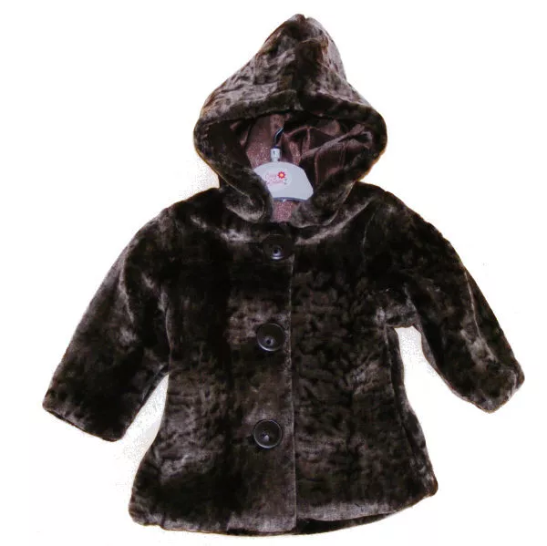 Cappotto invernale in pelliccia bambina con cappuccio marrone scuro molto morbido e carino