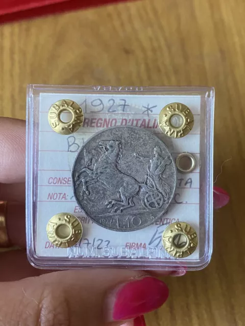 MONETA REGNO D' ITALIA BIGA 10 LIRE 1927 1 ROSETTA NC sigillata BB SUBALPINA