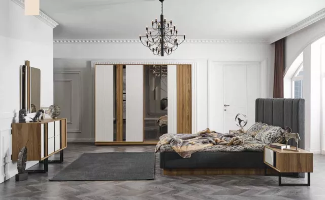 Complet Chambre à Coucher Set Lit Table de Chevet Penderie Commode Design 5 Tlg