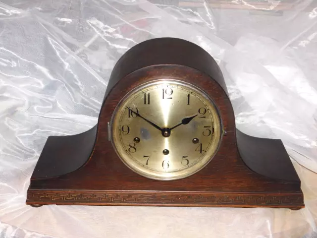 8-Day Napoleon Westminster Chime Mantle Clock in Oak Wooden Case, Working Order.