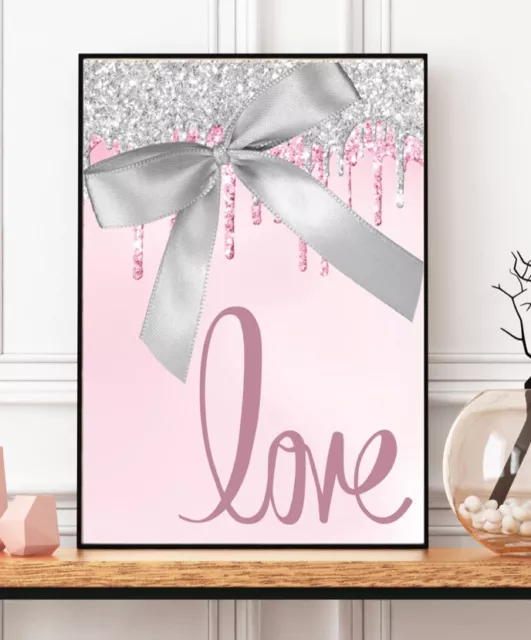 Pink Silver Love Print Couples Digital Glitter A4 Glam Bedroom Picture Wall Art