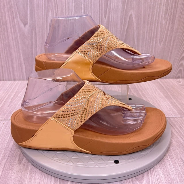 Fitflop Womens Lulu Crystal Blush Tan Fabric Thong Wedge Slip On Sandals Sz 9