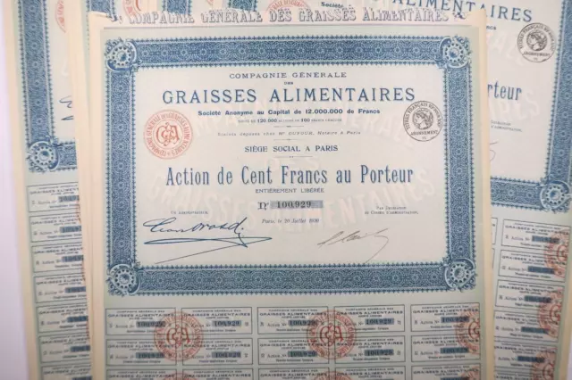 Compagnie Generale Des Graisses Alimentaires Action 100 Francs Paris 1920 X 60