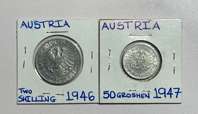 1946, 1947 WWII Era AUSTRIA Coins ~50 Groschen, 2 Shillings~ Aluminum World coin