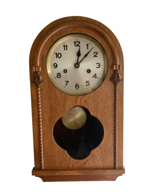 A Rare Art Deco German Junghans Pfeilkreuz Wall Clock in Oak Case