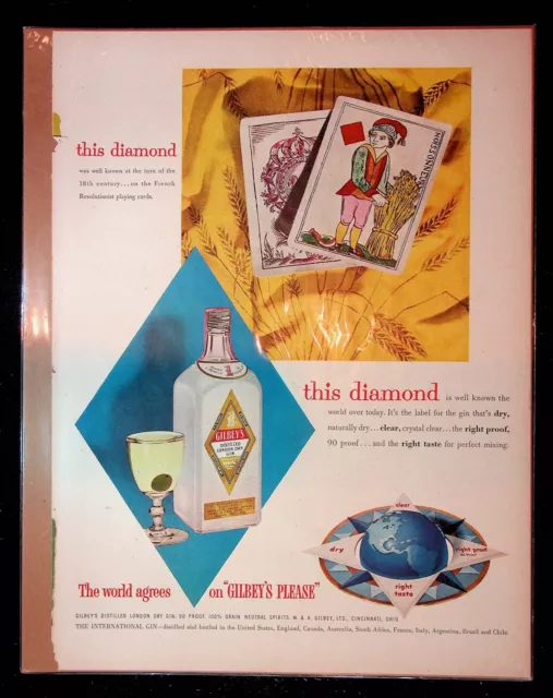 1950s Gilbey's Distilled London Dry Gin Diamond Cards Art Vintage Print Ad