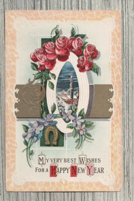 My Very Best Wishes For A Happy New Years Postcard-Roses & Violets