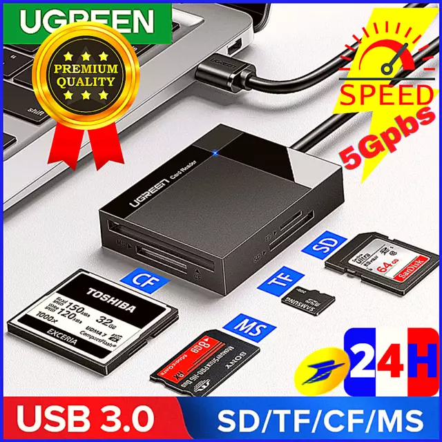 UGREEN Lecteur Cartes Mémoire USB3.0 5GBPs pour SD MS TF CF - Lecture simultanée