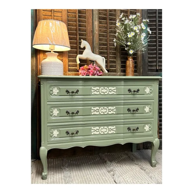 French Louis XV Style Ornate Carved Sage Green Drawer Chest of Drawers