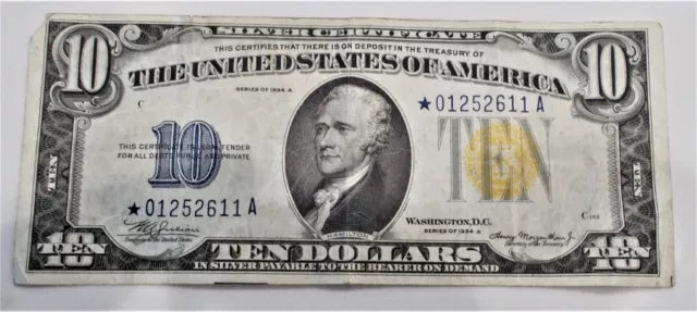 1934 A 10 Dollar Silver Certificate South Africa Note! Star! Serial#01252611A!