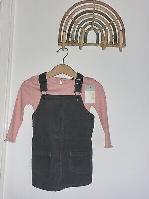 Baby Girl Corduroy Pinafore Dress Set 9-12 Months BNWT Charcoal & Pink Top