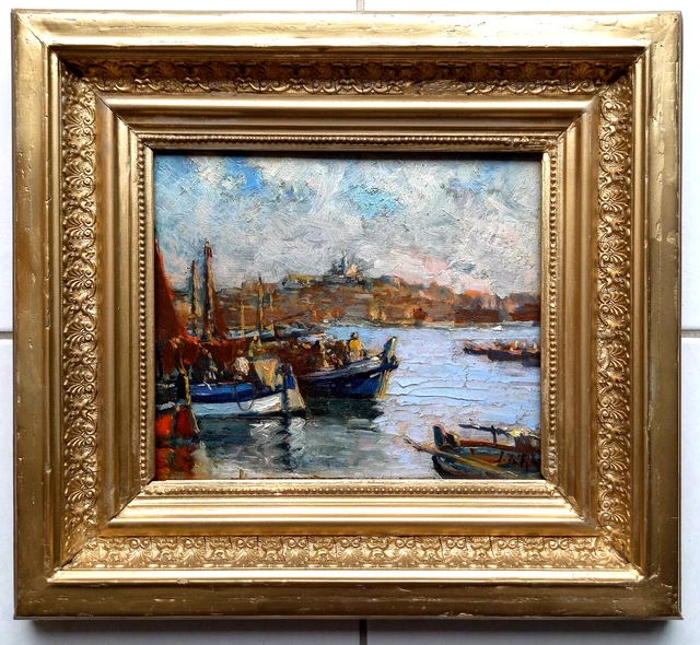 Peinture à L’huile Ancienne Sur Bois – Marine Phare Et Bateaux – Signée Bouleau 1908