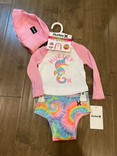 Hurley Baby Girls LS Sea Horse Pink Orange Rainbow Tie Dye Swimsuit 18M NWT