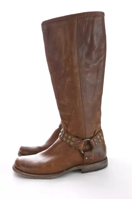 Frye Phillip Studded Harness Tall Riding Boot Cognac Biker Womens Sz 6.5 B