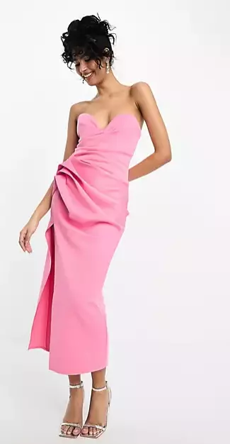 ASOS DESIGN Bandeau Hitched Hip Midi Dress in Coral Pink