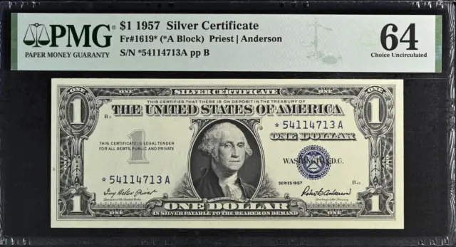 1957 $1 Silver Certificate Star Note, Fr1619*, Pmg Choice Uncirculated 64 Epq 13