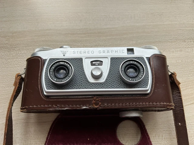 Cámara fotográfica vintage Wray estéreo gráfica 3D 35 mm con estuche de cuero original.