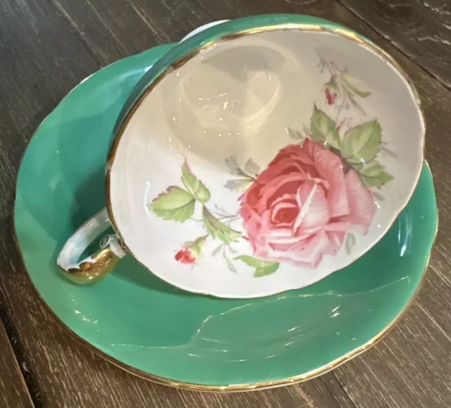 Aynsley England Green Cabbage Rose Corset C957P Cup Saucer Vintage Bone China