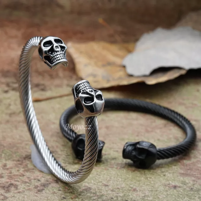 7 Inch Stainless Steel Mens Black Biker Skull Skeleton Cuff Bangle Bracelet Men 2