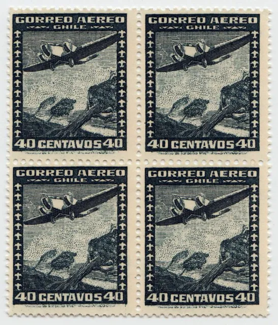 CHILE 1934 AIR MAIL STAMP # 224 wmk 1 MNH BLOCK OF FOUR
